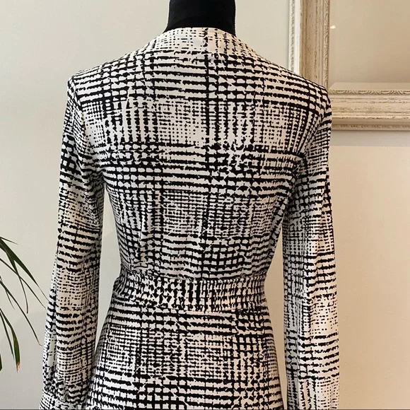 H&M Gingham White and black Faux Wrap Formal Midi Dress Long Sleeves Size 10 - Picture 7 of 10